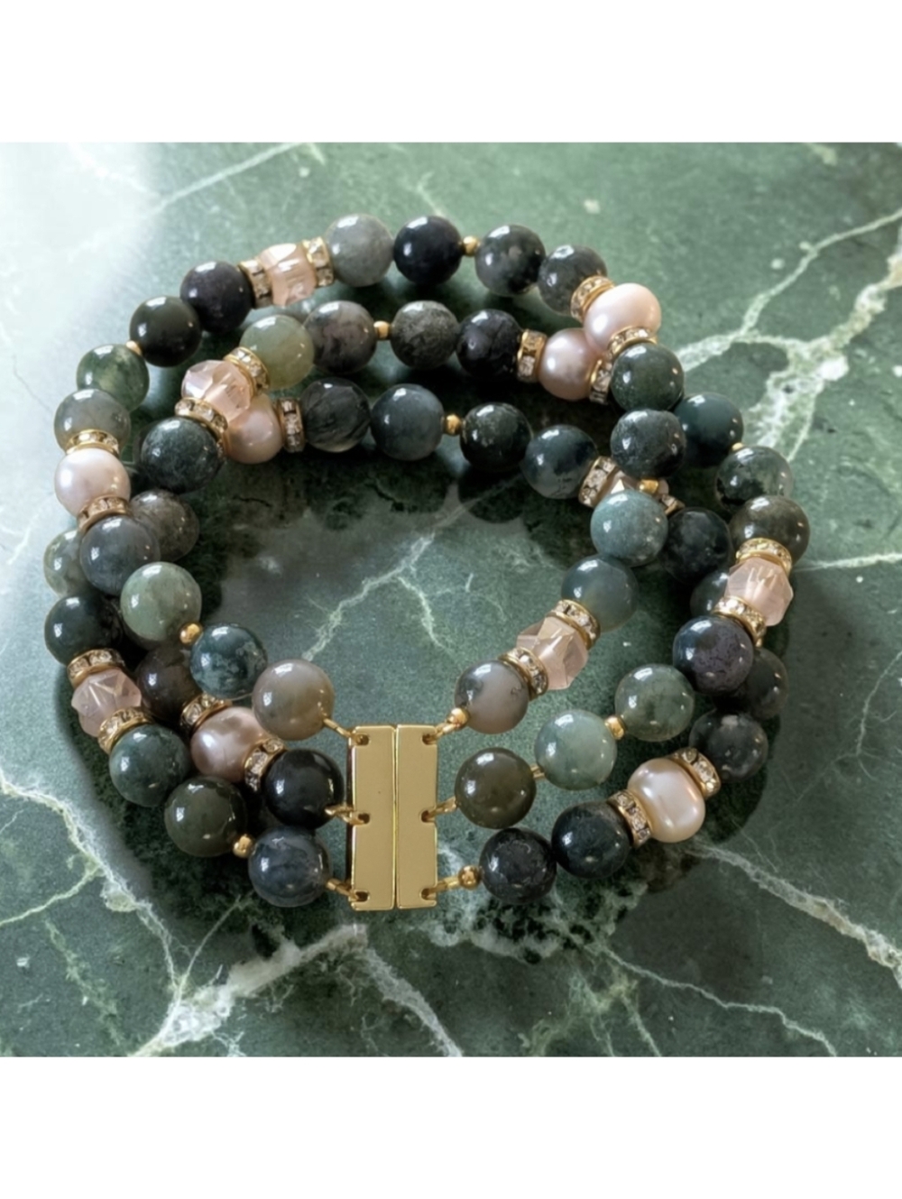 Handmade Green Moss Agate Triple-Strand Bracelet With Magnetic Clasp